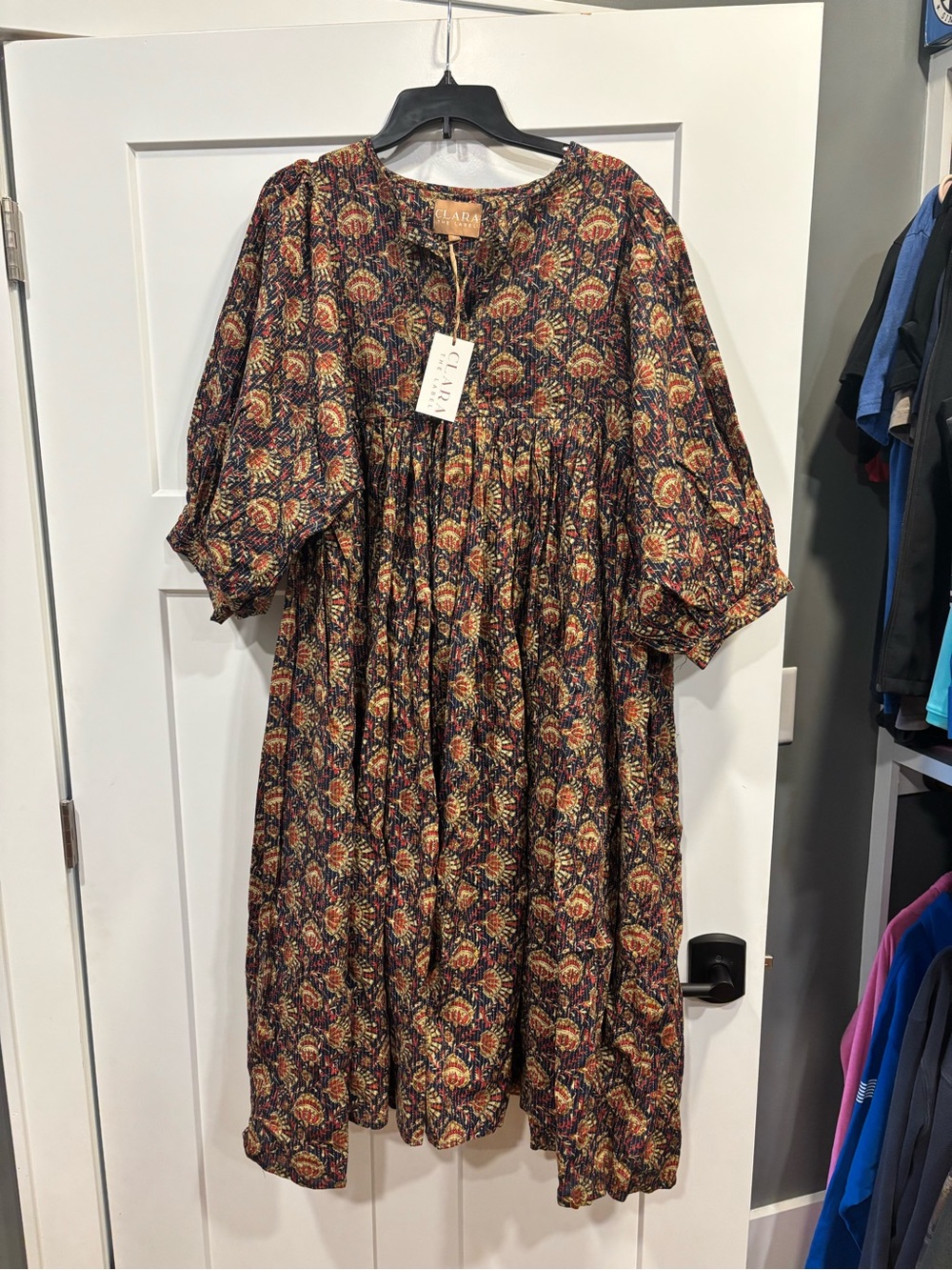 Clara The Label Tie Neck River Antique Brass Midi Dress Boho  Size L RT -$220